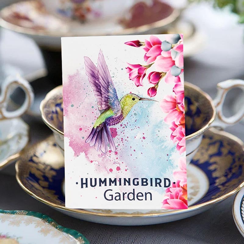 Hummingbird watercolor seed packet, on table